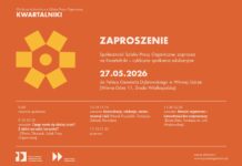 KWARTALNIKI – Edukacja kulturalna na Szlaku Pracy Organicznej Na pomarańczowym tle grafika przypominająca kwiat w żółtym kolorze. Napisy