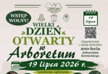 Wielki Dzień Otwarty w Arboretum Kórnickim Na plakacie widać duży zielony napis: Wielki Dzień Otwarty w Arboretum