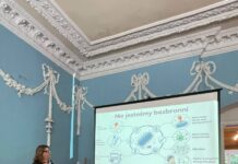 „Nauka na Szlaku Pracy Organicznej 2.0” Na zdjęciu wdać kobietę stojącą przed tablicą multimedialną.